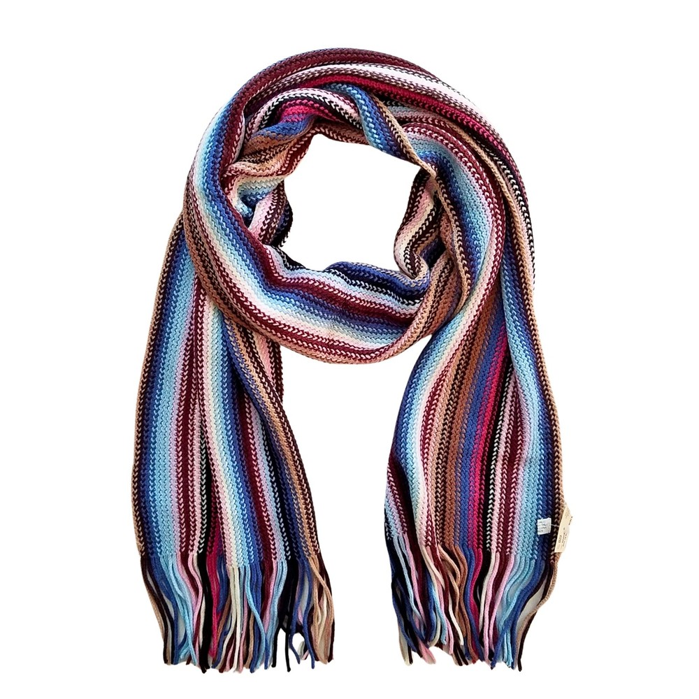 Multicolor Striped Fringe Scarf 78” X 10” Blue Burgundy Pink Tan White